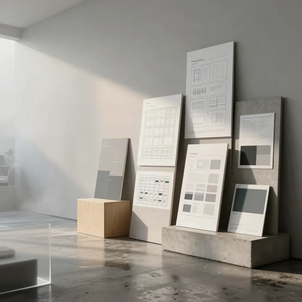Studio de webdesign avec maquettes de wireframes et lumière cinématographique.