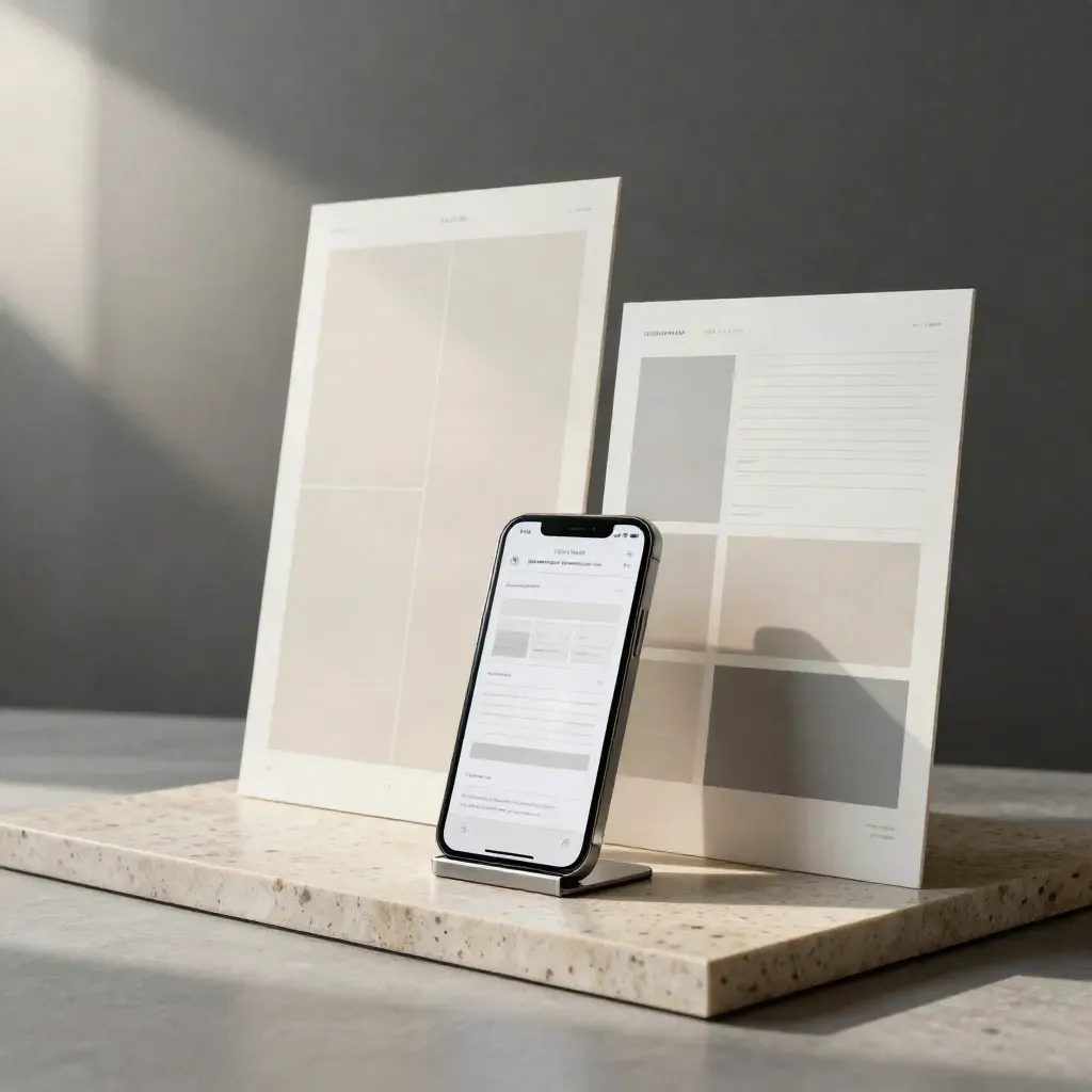 Maquettes de page web responsive sur panneaux lumineux, fond travertin et studio discret