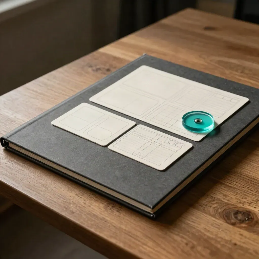 Kit de préparation Figma avec dossier fermé et formes géométriques sur table sombre.